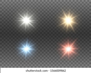 Sparkling color lights set on transparent background. Glowing Christmas stars collection. Bright glare effects and rays. Abstract shining beams. Colorful flares. Vector illustration.