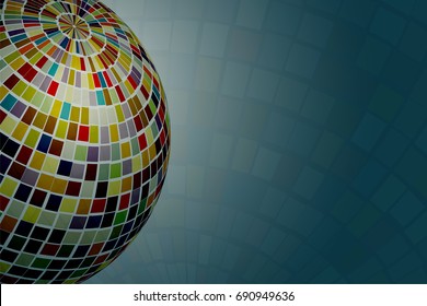 Sparkling and colorful disco ball with colorful reflection shine and spread around on background.