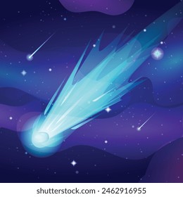 Cometa centelleante cae con rastro de velocidad azul en el espacio del cielo. Vector ilustración de dibujos animados