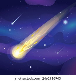 Cometa centelleante cae con rastro de fuego en el espacio del cielo. Vector ilustración de dibujos animados