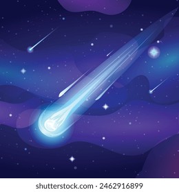 El cometa chispeante cae con una pista de velocidad en el espacio del cielo. Asteroide o meteorito volando en el cielo nocturno. Vector ilustración de dibujos animados