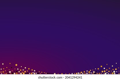 Sparkling Confetti Vector Purple Background. Gold Magic Star Design. Space Elegant Banner.  Shiny Twinkle Glitter Wallpaper.