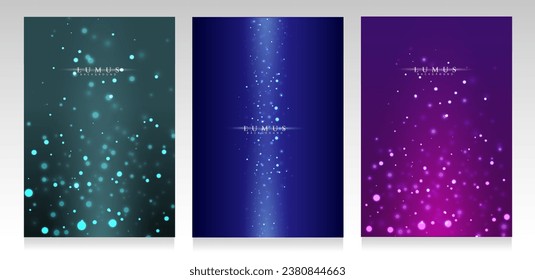 Juego de la cubierta para chispas. Las estrellas y los chismes están sobre un fondo turquesa, azul y violeta. Efecto bohek borroso, brillante y mágico para la tecnología, los negocios, las navidades y el evento especial.