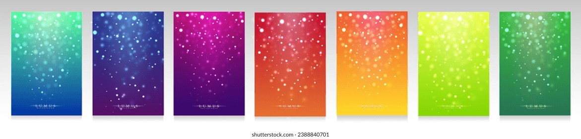 Sparkling cover set. Sparks and stars on colorful shaded background. Blurred surface, bright and magical bohek effect for business, technology and special event.