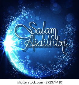Sparkling crescent moon with stylish text Salam Aidilfitri on grungy blue background for Muslim community festival celebration.