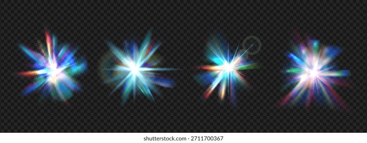 Sparkling crystal refraction creates stunning rainbow caustics with iridescent glow, lens flares, and brilliant gem sparkle on transparent png-like background. Spectrum burst beams. Vector flashes.
