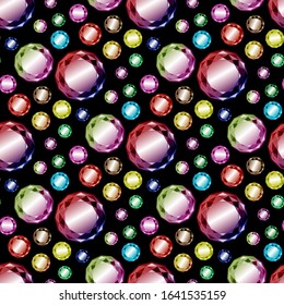Sparkling crystals on black background seamless pattern. Colorful precious gemstones with round faceting. Glamorous wrapping paper design. Luxury lifestyle symbol textile, fabric print