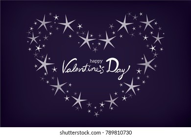 Sparkling and dazzling stars in heart shape and hand written "Valentine's day" text on deep blue background