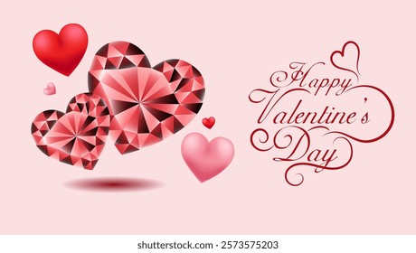 Sparkling diamond hearts in various sizes and colors with the largest at the center symbolize love Happy Valentine's Day in festive font completes the romantic scene ValentinesDay Love Roman