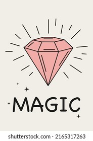 Sparkling diamond. Linear Symbol, logo, poster, card tarot, print, Vector illustration on a light background.	