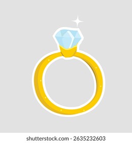 Sparkling Diamond Ring Sticker. A shimmering golden ring with a large, faceted diamond, perfect for engagements, weddings, and luxury themes