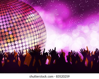 Sparkling disco ball with crowd partying on a glowing background