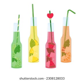 Sparkling drinks design in bottles. Set of carbonated drinks. Watermelon, pineapple, orange, lemon, lime lemonades. Vector illustration for flyer, marketing, banner isolated on white background.