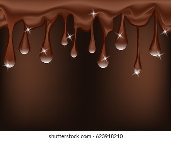 Sparkling Drops of Melted Chocolate Isolated on Brown Background. Vector Illustration.