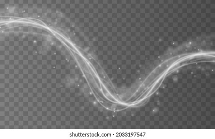 Sparkling dust star trail with bokeh. White sparks glitter special light effect. Transparent light effect with curve trace and wavy line. Illustration of the movement of white smoke flow curve. Vector