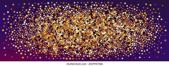 Sparkling Dust Vector Panoramic Purple Background. Shiny Christmas Glow Border. Confetti Holiday Banner.  Gold Light Glitter Template.