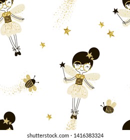 Sparkling fairy with glitters seamless pattern. Decorative stars, bees with shimmering dust. Cute girl in glasses holding magical wand. Wallpaper, wrapping paper design, girlish textile print