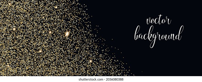 Sparkling falling gold dust on black background. Vector horizontal background with glitter and space for text.