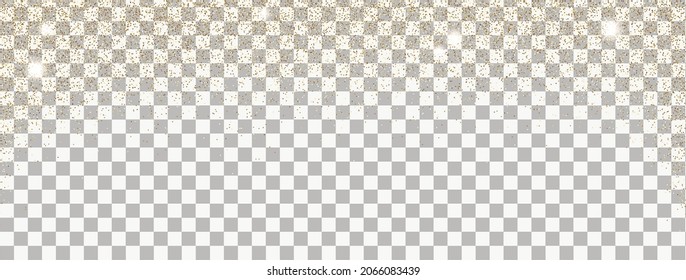 Sparkling falling gold dust on transparent background. Vector horizontal background with glitter and space for text.	