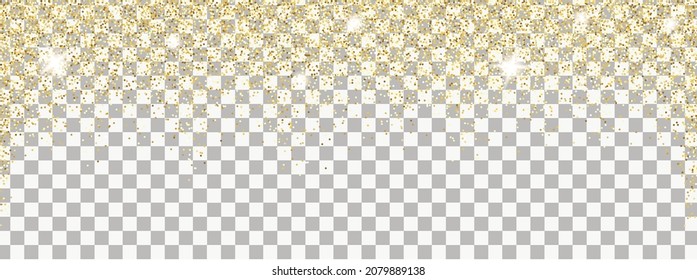 Sonriente caída del polvo de oro sobre fondo transparente. Fondo horizontal vectorial con brillo y espacio para texto