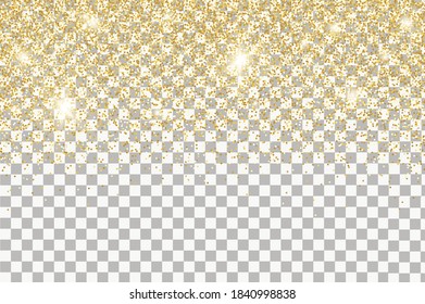 Sonriendo cayendo polvo de oro.sobre fondo transparente. Fondo horizontal vectorial con brillo y espacio para texto.