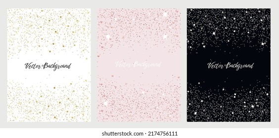 Sparkling falling gold, rose gold, silver dust. Set of vector backgrounds with glitter and space for text