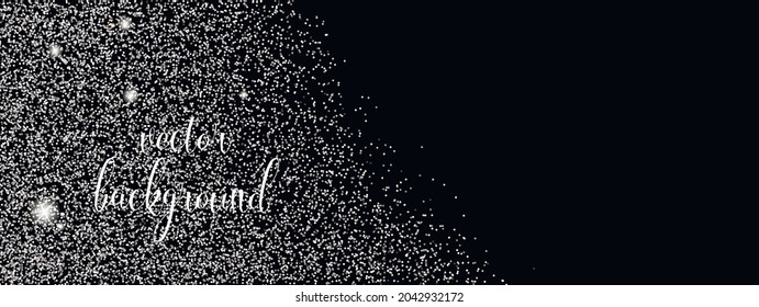 Sparkling falling silver dust on white background. Vector horizontal background with glitter and space for text.