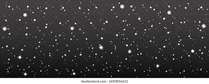 Sparkling falling snow overlay on a transparent background. Magical effect with glittering white particles and glowing stars for winter, Christmas, or holiday designs
