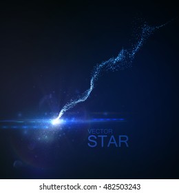 Sparkling falling star with glowing trail of particles. Vector illustration. Light element for design