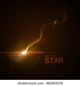 Sparkling falling star with glowing trail of particles. Vector illustration. Light element for design