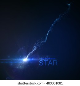 Sparkling falling star with glowing trail of particles. Vector illustration. Light element for design