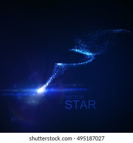 Sparkling falling star with glowing trail of particles. Vector illustration. Light element for design