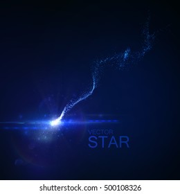 Sparkling falling star with glowing trail of particles. Vector illustration. Light element for design