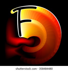 Sparkling fantasy Letter F on black background. Vector image.