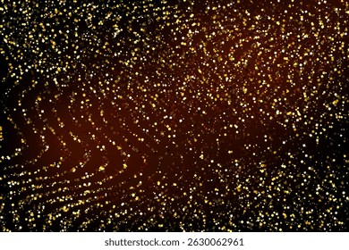 Sparkling festive background filled with shimmering gold particles scattered across a deep red and black gradient. Square particles perfect for holiday-themed designs - New Year’s Eve or Christmas.