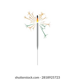 Sparkling Festive Firework Sparkler with Orange and Green Light Isolated on Plain White Background