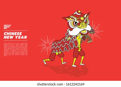 Sparkling firecrackers with  traditional Chinese lion dance performing in Chinese New Year.