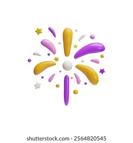 Sparkling firework explosion, firecracker 3D plastic style. Cartoon bursting bang blast with colorful stars and sparks. Festive salute volume decorative elements. Vector render illustration isolated