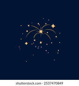 Sparkling firework explosion, firecracker. Cartoon bursting fireworks with golden stars and sparks. Festive background, holiday decorative elements. Vector flat salute isolated on blue