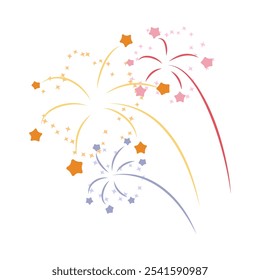 Sparkling firework explosion, firecracker. Cartoon bursting fireworks with colorful stars and sparks. Festive background, holiday decorative elements. Vector flat salute isolated on white