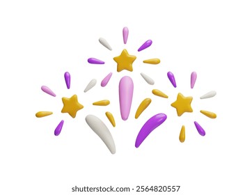 Sparkling firework explosion, firecracker pattern with golden stars 3D plastic style vector render illustration. Festive salute volume decorative elements. Cartoon sparkle bursting flash, bang blast