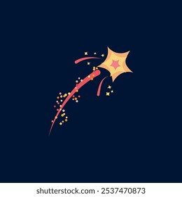 Explosão de fogo de artifício cintilante, forma de estrela de foguete. Fogos de artifício com faíscas e vestígios. Fundo festivo, elementos decorativos de férias. Saudação plana vetorial isolada no azul