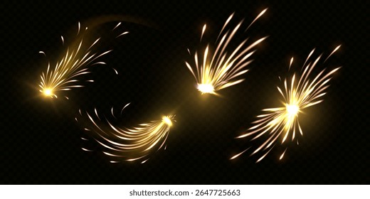 Explosão de fogo de artifício cintilante, fogo de artifício brilhante, efeito faiscador em chamas. Fogos de artifício realísticos dourados com faíscas. Saudações pirotécnicas festivas. Elemento de conjunto de vetor em plano de fundo preto