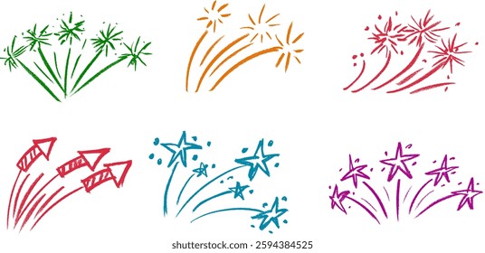 Sparkling Fireworks Crayon Chalk Drawing Vector Set