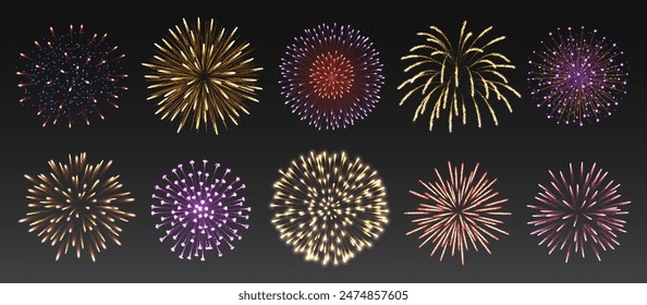 Sparkling fireworks in dark sky realistic vector illustration set. Colorful shimmering explosions for holiday 3d elements on black background