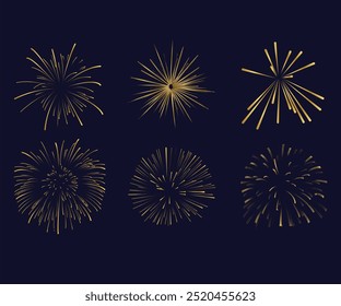 Fuegos artificiales brillantes en el cielo oscuro conjunto de Ilustración vectorial realista. Explosiones brillantes coloridas para los Elementos 3D de vacaciones sobre fondo negro, fuegos artificiales que estallan en varias Formas. Navidades ligeras. 