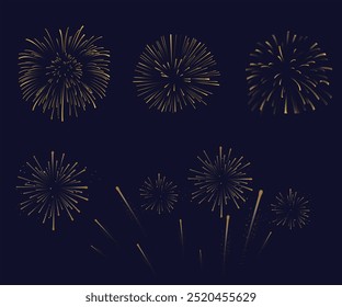 Sparkling fireworks in dark sky realistic vector illustration set. Colourful shimmering explosions for holiday 3d elements on black background, Fireworks bursting in various shapes. Christmas light. 