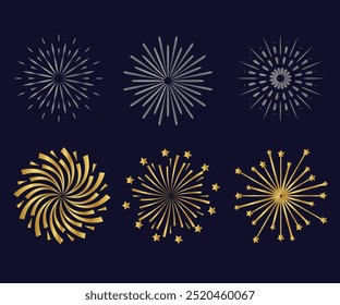 Fogos de artifício cintilantes no céu escuro conjunto de ilustração vetor realista. Explosões coloridas cintilantes para elementos 3d de férias em fundo preto, cartão de celebração, bandeira do festival