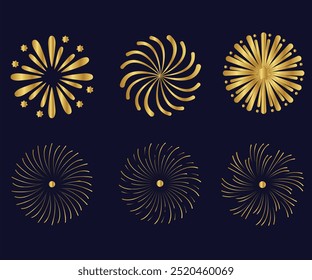 Sparkling fireworks in dark sky realistic vector illustration set. Colourful shimmering explosions for holiday 3d elements on black background, celebration card, festival banner