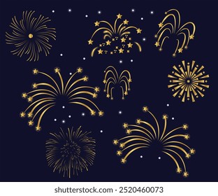 Sparkling fireworks in dark sky realistic vector illustration set. Colourful shimmering explosions for holiday 3d elements on black background, celebration card, festival banner